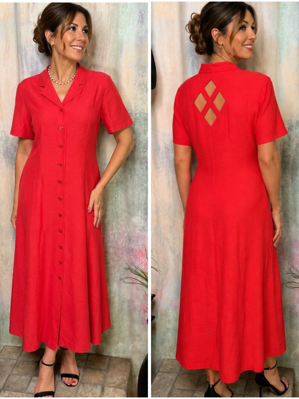 VTGπ c.h.i.c.c. Button Down Viscose Midi Dress w/ Diamond Shape cutout Backs